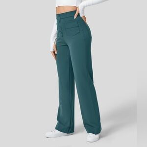 High Waisted Button Multiple Pockets Straight Leg Casual Pants Atlantic Deep SR